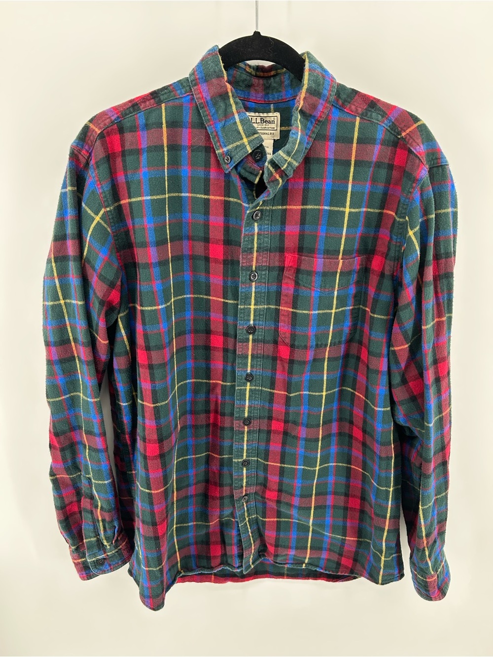 L.L. Bean Men's Red, Green & Blue Plaid Button-Down Flannel Shirt